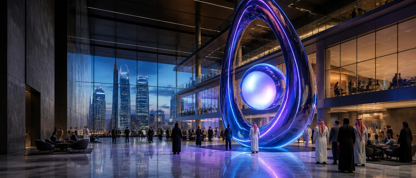 A multi-storey Riyadh office atrium with the Oviti form at its centre and a multinational team at work around it