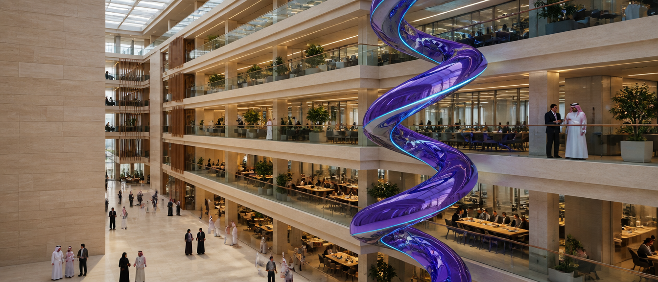 A multi-storey Riyadh office atrium with the Oviti form at its centre and a multinational team at work around it