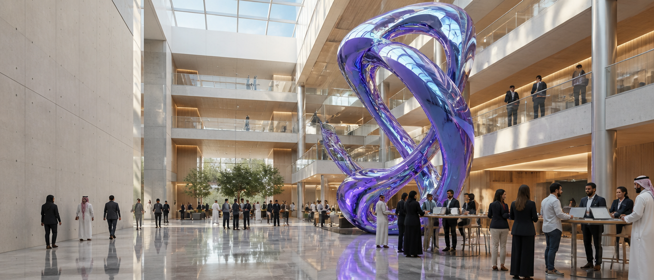 A multi-storey Riyadh office atrium with the Oviti form at its centre and a multinational team at work around it