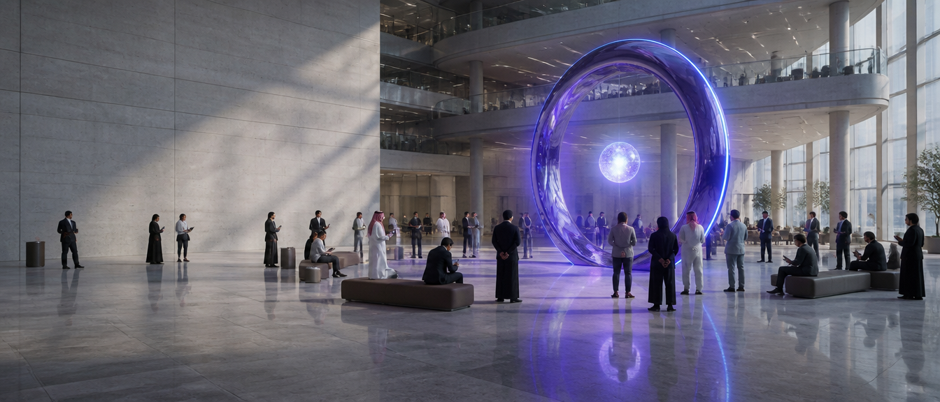 A multinational team gathered around a ring sculpture holding a glowing core