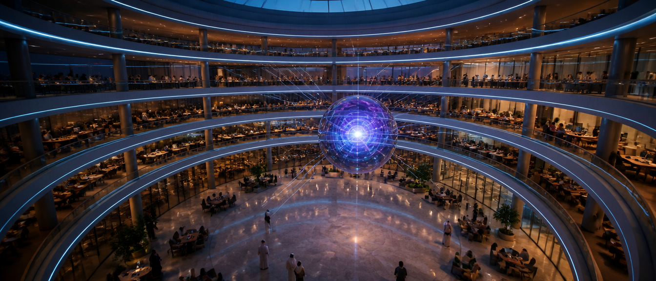 A circular multi-storey atrium where every floor forms one ring around a glowing core